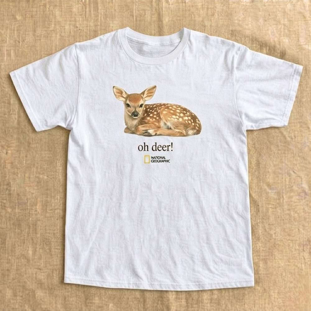 Gildan White T-Shirt with Fawn Graphic and National Geographic Logo